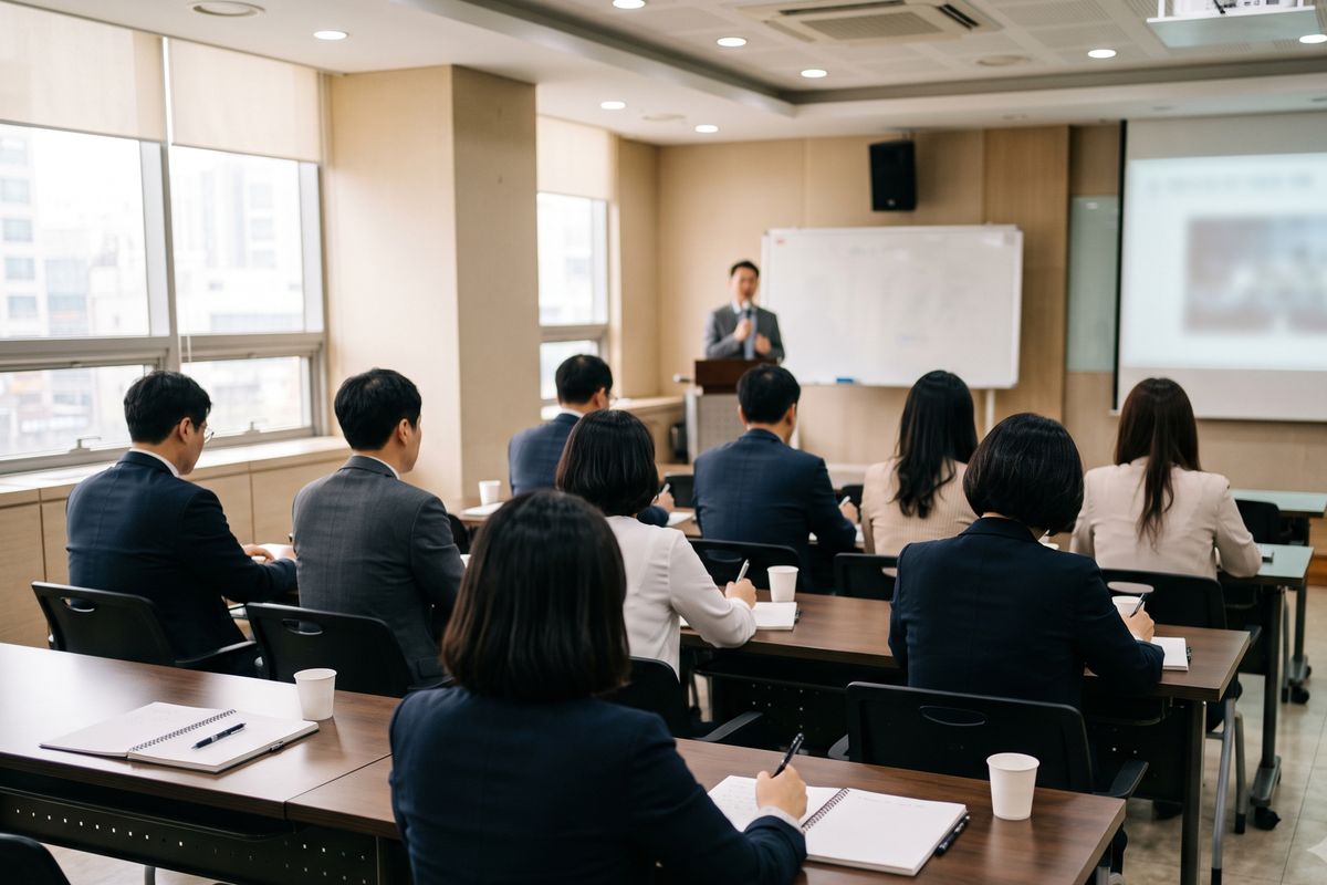 교육장에서 설계사들이 상품 교육을 듣는 모습